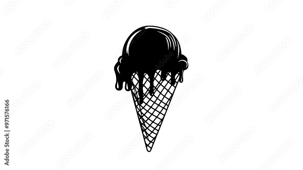 Ice cream in a waffle cone with chocolate syrup drizzle, vector illustration art Ice cream in a waffle cone with chocolate syrup drizzle, vector illustration art