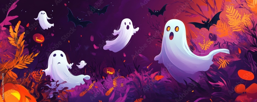 Funny cartoon ghosts are flying over a magical forest on halloween night Funny cartoon ghosts are flying over a magical forest on halloween night