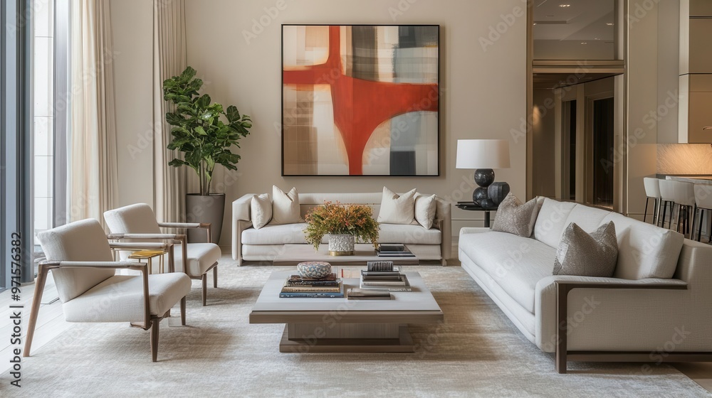 Fototapeta premium chic living room vignette sleek furniture arrangement featuring an eyecatching abstract art piece soft ambient lighting and carefully curated decor create a harmonious contemporary atmosphere