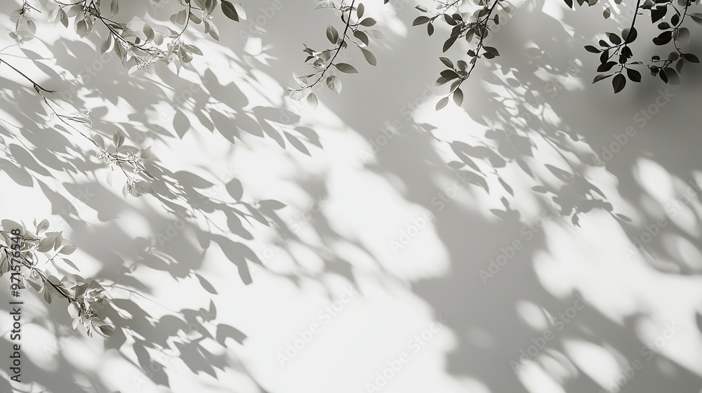 White wall background with blurred shadow of tree trunk with leaves in daytime White wall background with blurred shadow of tree trunk with leaves in daytime