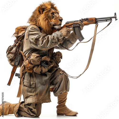 A lion soldier, equipped with a uniform and rifle, heroic style, isolated on white background photo