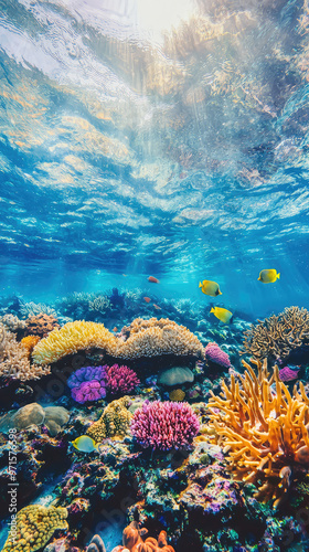 Fototapeta Naklejka Na Ścianę i Meble -  Vibrant coral reef with diverse marine life and sunlight filtering through water
