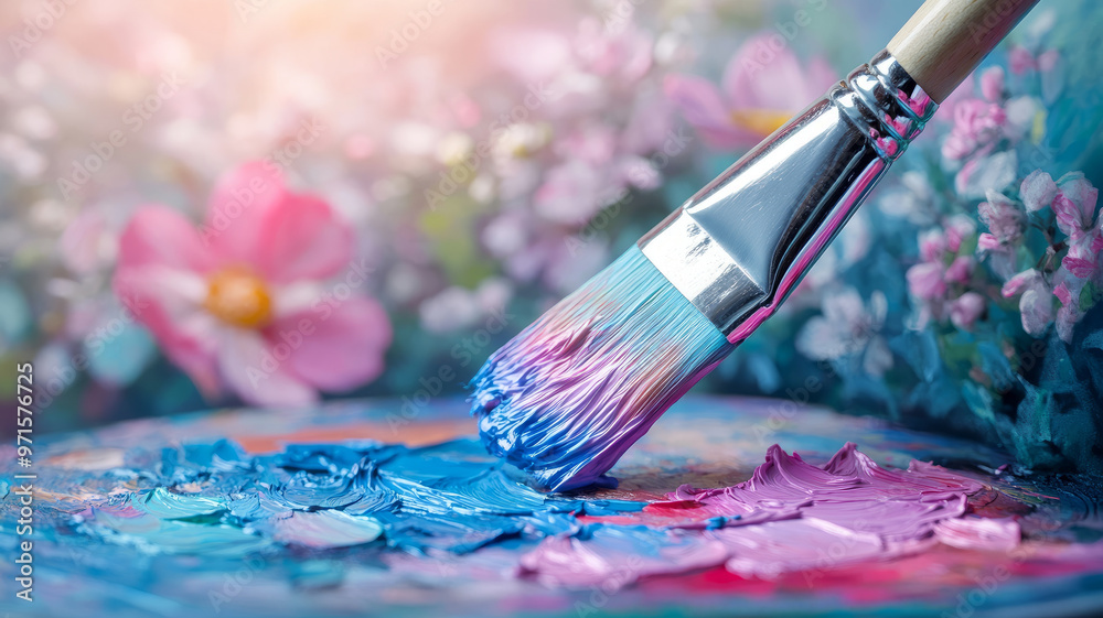 Obraz premium Paintbrush applying colorful paint with floral background.