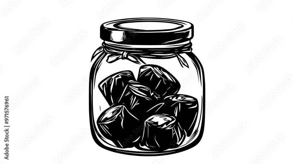 Jar of butterscotch candies with wrappers visible through the glass, vector illustration art Jar of butterscotch candies with wrappers visible through the glass, vector illustration art