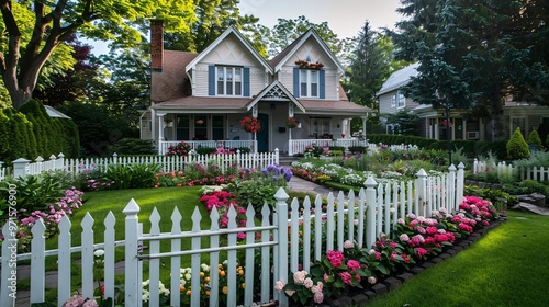 Charming Cottage with White Picket Fence and Vibrant Flower Garden