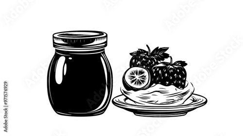 A jar of fruit compote with a twist-off lid, set next to a plate of yogurt, vector illustration art