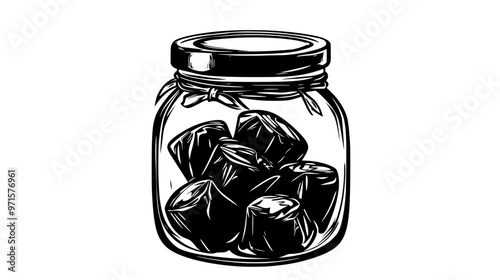 Jar of butterscotch candies with wrappers visible through the glass, vector illustration art
