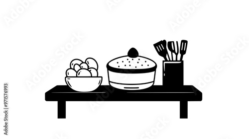 Kitchen counter displaying a single egg-free cake next to a bowl of mixed nuts, vector illustration art