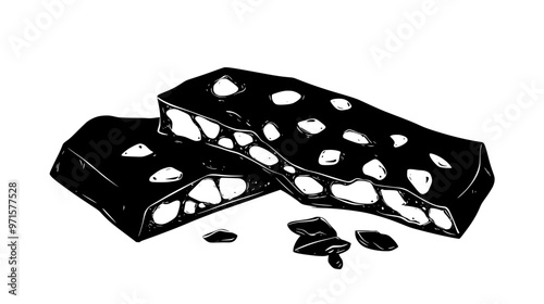 Hard nougat piece with dense, brittle texture and visible nuts, vector illustration art