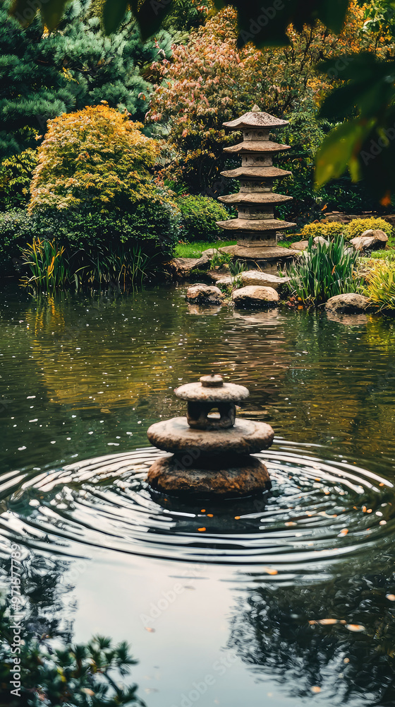 Naklejka premium Tranquil Japanese garden with stone pagoda overlooking serene pond