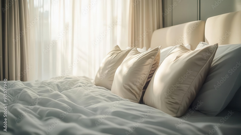 Fototapeta premium closeup of artfully arranged silk pillows on a luxurious bed soft morning light filtering through sheer curtains creating a serene and inviting atmosphere
