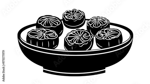 A round serving dish filled with mooncakes evenly spaced around the edge, vector illustration art