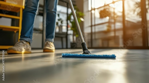 closeup of diligent cleaning service worker efficiently mopping office floor showcasing attention to detail and professional maintenance in a corporate environment photo