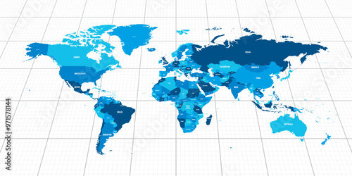 Blue geopolitical map of World. Bottom perspective view with background grid. Vector illustration.