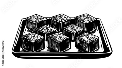 Halva blocks arranged symmetrically on a rectangular ceramic tray, vector illustration art