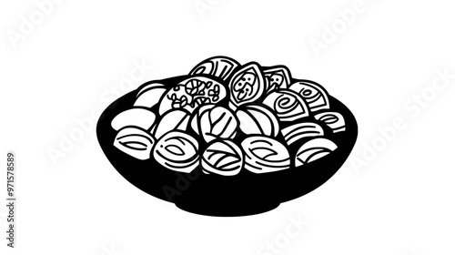 Shallow dish with assorted nut-based sweets arranged neatly on the table, vector illustration art