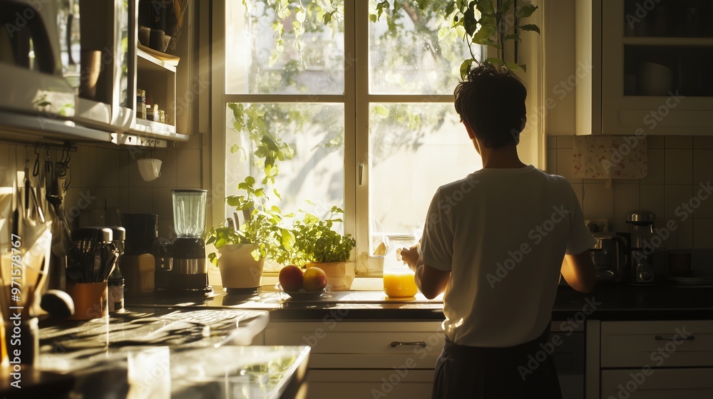 A person enjoying morning sunlight in a cozy kitchen while preparing a refreshing beverage near plants and fresh fruit A person enjoying morning sunlight in a cozy kitchen while preparing a refreshing beverage near plants and fresh fruit