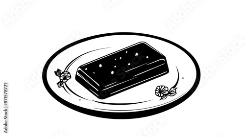 Single candy bar on a plain round plate with decorative elements nearby, vector illustration art