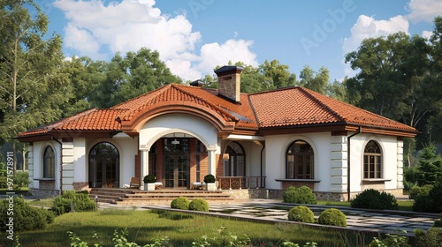 Modern Single-Story House with Red Tile Roof and Arched Windows