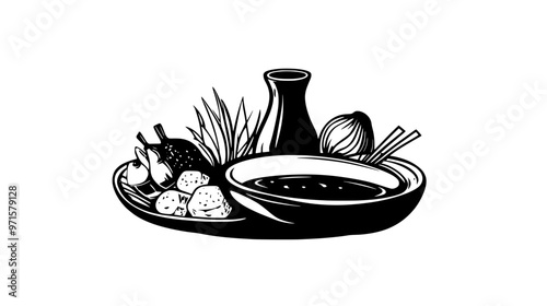 Small ceramic dish with savory sauce, surrounded by dipping items, vector illustration art