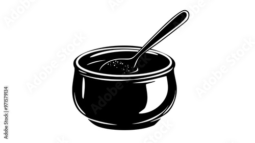 A small ceramic pot filled with honey, with a spoon dipped into the sticky substance, vector illustration art