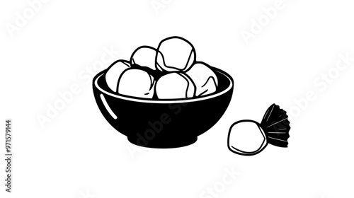 Small bowl of butterscotch candies, with a few unwrapped beside it, vector illustration art