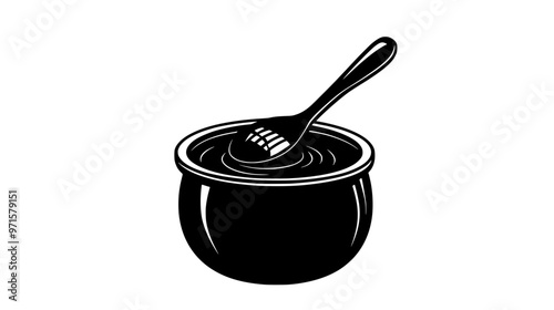 A small ceramic pot filled with honey, with a spoon dipped into the sticky substance, vector illustration art