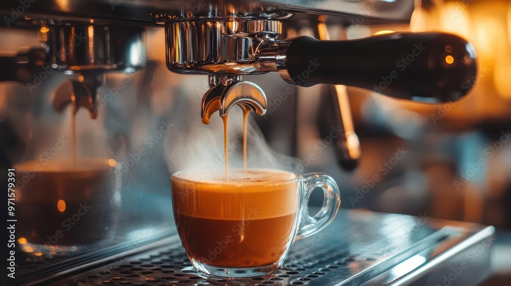 closeup of sleek coffee machine in action steam rising as rich espresso pours into cup stainless steel details gleam in warm lighting