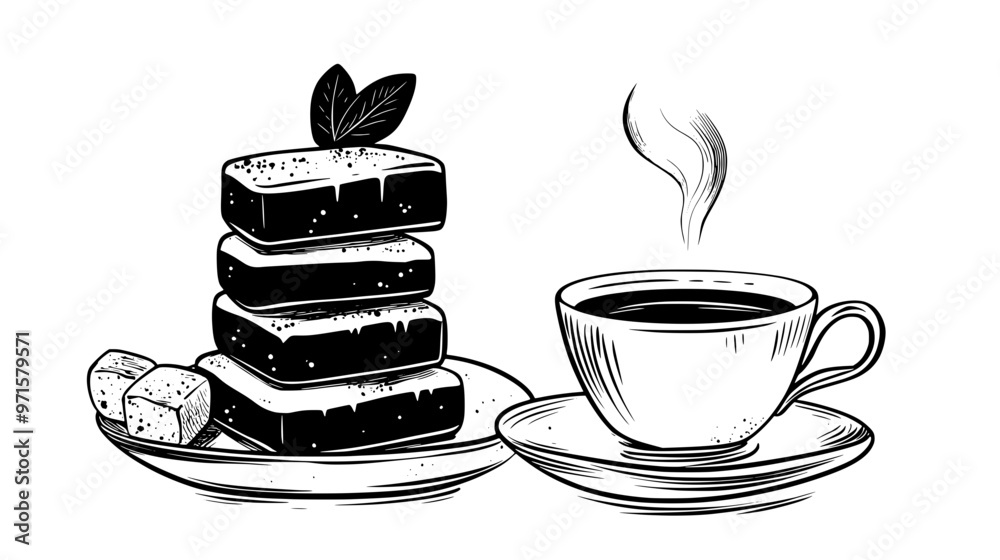 Stack of vegan sweets on a small dish with a cup of tea beside them, vector illustration art Stack of vegan sweets on a small dish with a cup of tea beside them, vector illustration art