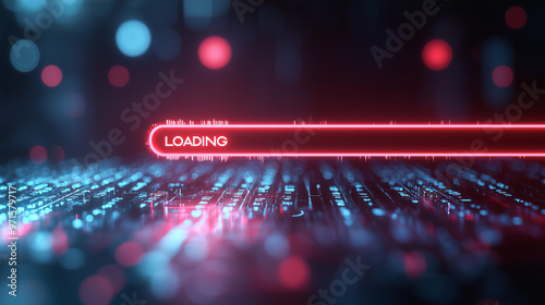 Loading bar with red lines on a minimalistic technology background, LOADING text. Loading screen concept.