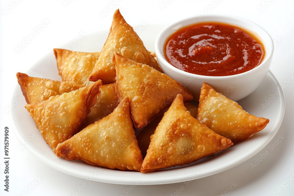 Delicious golden brown samosas served with tangy dipping sauce on a white plate, perfect for snacks or appetizers at any gathering Delicious golden brown samosas served with tangy dipping sauce on a white plate, perfect for snacks or appetizers at any gathering