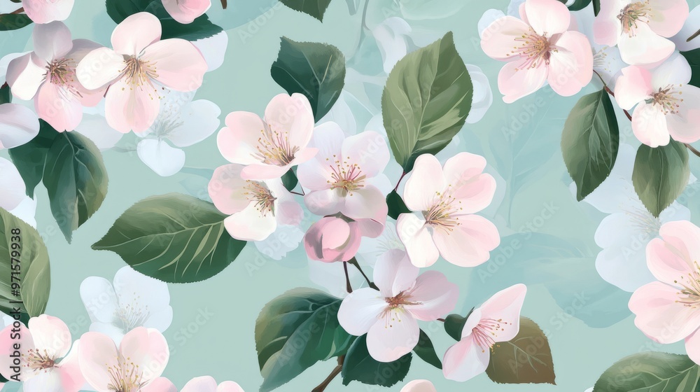 Floral pattern with pink cherry blossoms and pastel green leaves generative ai