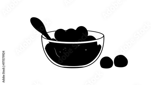 A transparent bowl with fruit compote, placed on a kitchen counter beside a spoon, vector illustration art