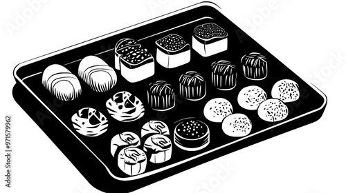Tray filled with different kinds of Asian sweets arranged in neat rows, vector illustration art