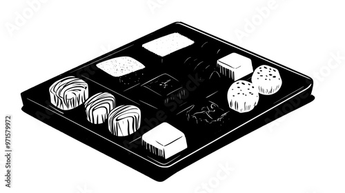 Tray with an assortment of candies, including chocolate and sugar-coated pieces, vector illustration art