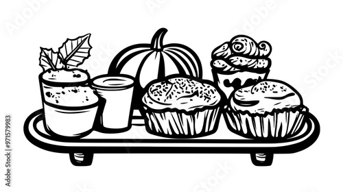 Tray of baked goods featuring pumpkin spice, prepared for distribution at a seasonal party, vector illustration art