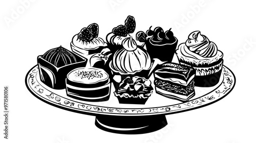 Sweet pastries and confections on a decorative serving plate, vector illustration art