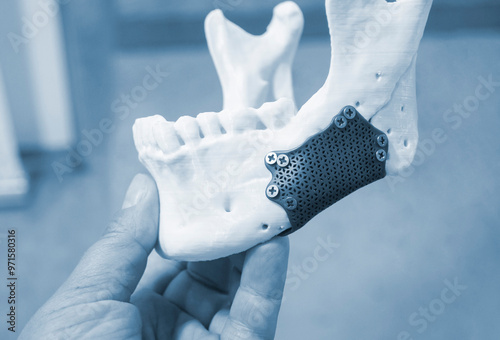 Person holding in hand prototype of lower human jaw with medical titanium implant from biocompatible titanium printed on 3D printer. Maxillo-facial prosthesis anatomical human bone from metal powder photo