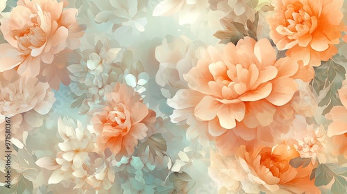 A soft floral pattern with orange and white flowers on a light blue background.