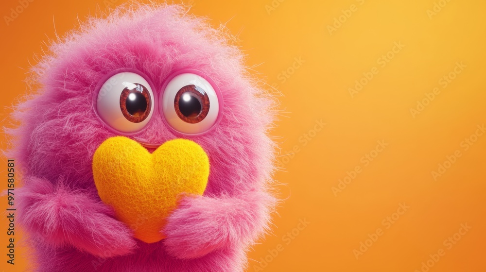 Pink fluffy toy monster holding a yellow heart on orange background Pink fluffy toy monster holding a yellow heart on orange background