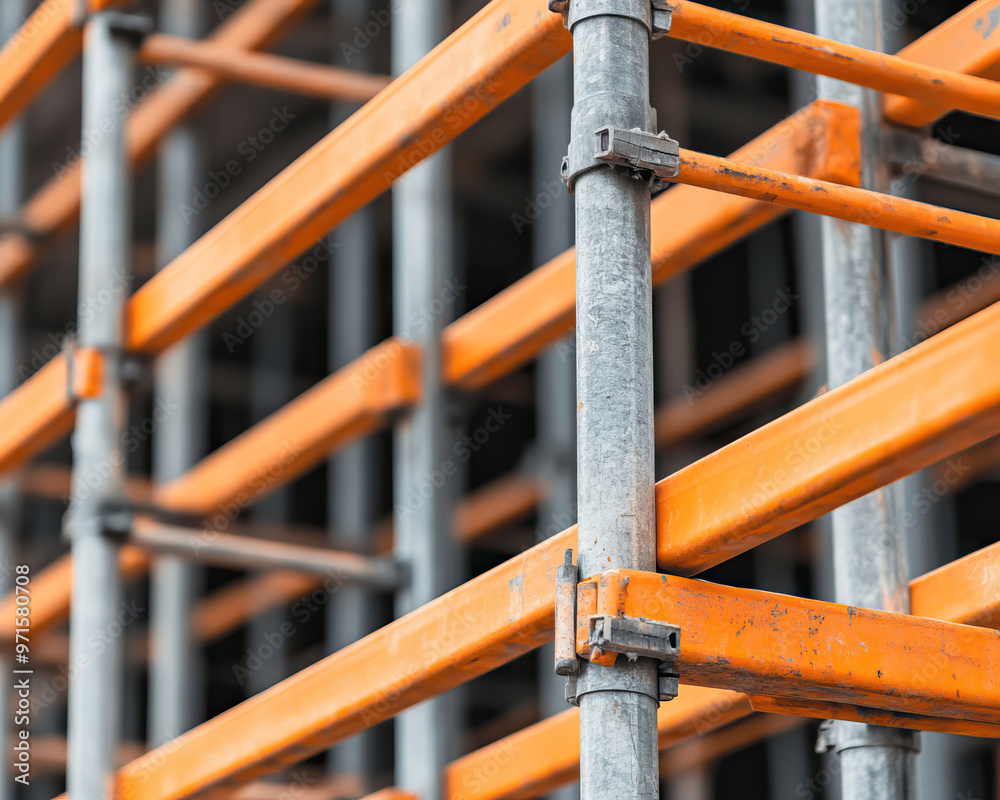 Detailed view of scaffolding with orange and metallic structure, showcasing construction safety and professional work environment. Detailed view of scaffolding with orange and metallic structure, showcasing construction safety and professional work environment.