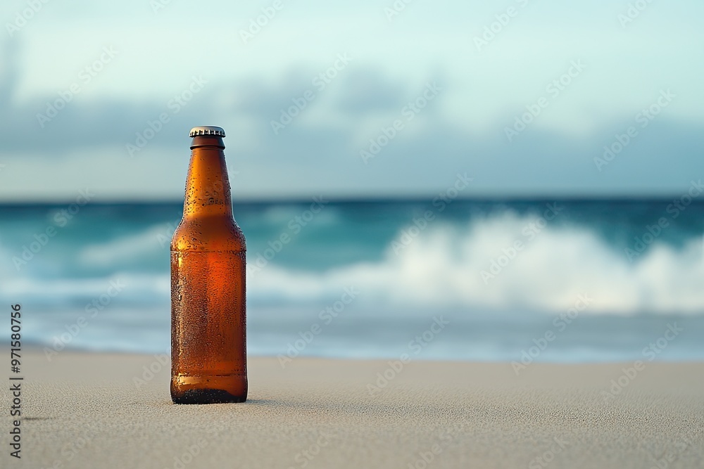 A lone beer bottle standing on a sandy beach, with waves crashing in the background A lone beer bottle standing on a sandy beach, with waves crashing in the background
