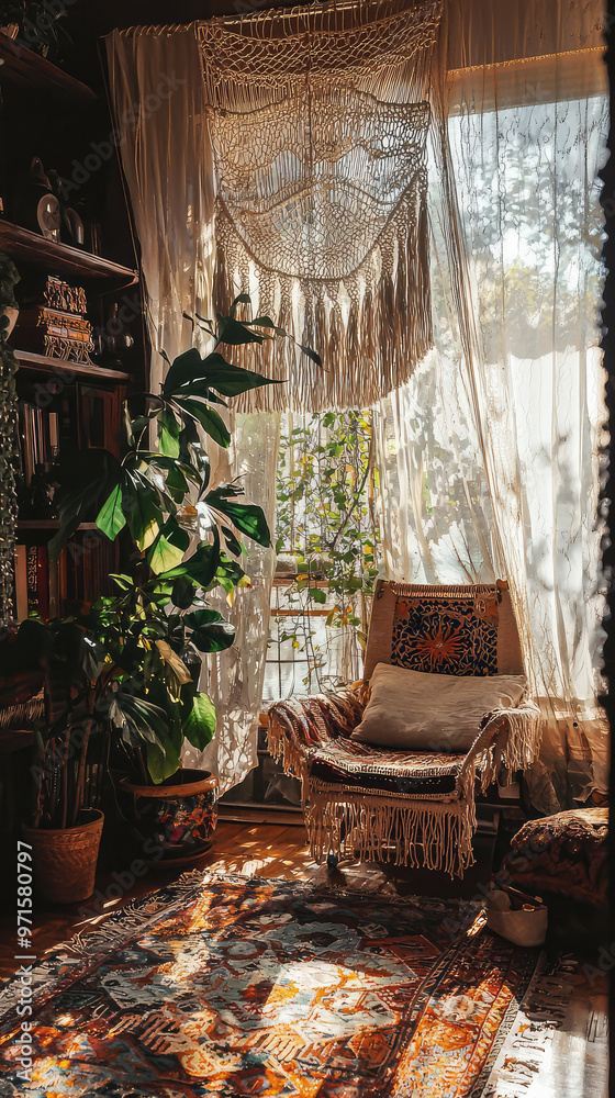 A cozy boho style room featuring macrame wall hanging and lush greenery A cozy boho style room featuring macrame wall hanging and lush greenery
