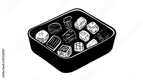 Open container filled with various flavored sweets, each piece arranged in a neat pattern, vector illustration art