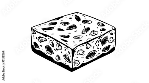 Block of nougat segmented into squares, showing airy surface and embedded nuts, vector illustration art