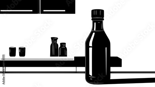 Bottle of chocolate sauce with screw cap, positioned on kitchen counter, vector illustration art