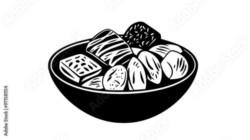 Bowl with an even layer of various nut-based sweets, vector illustration art