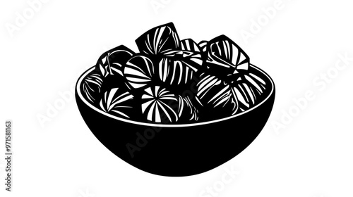 Bowl filled with individually wrapped butterscotch candies on a wooden table, vector illustration art