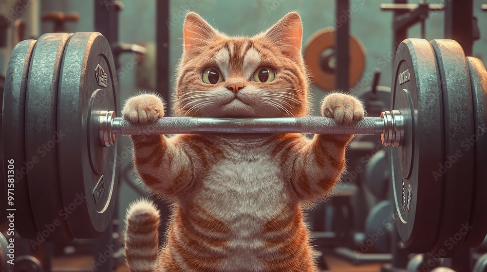 © Alpa - Adorable cute cat lifting barbell in fitness room