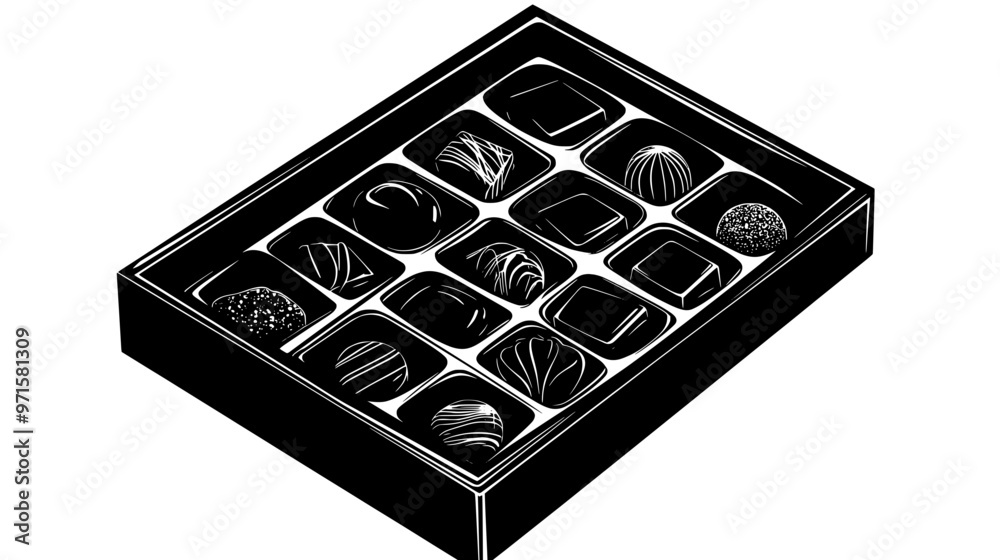 Box of chocolates in luxury packaging, each piece in its designated space, vector illustration art Box of chocolates in luxury packaging, each piece in its designated space, vector illustration art